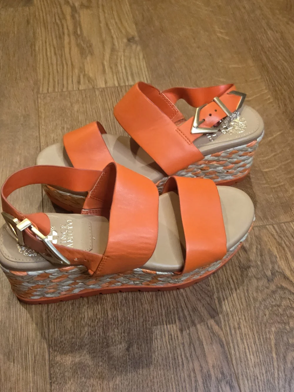 NEW Vince Camuto Orange Leather Platform Wedge Sandals Espadrille Women's 6M